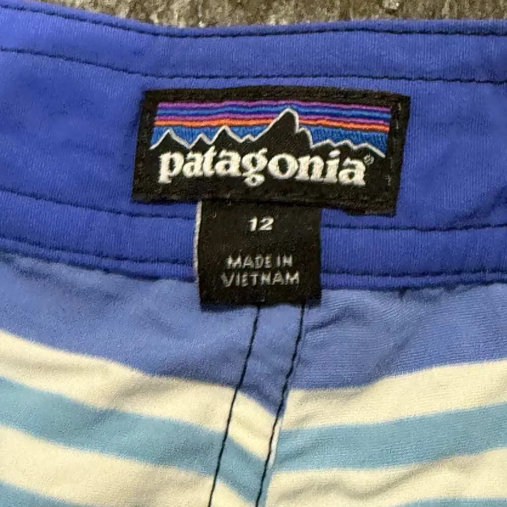 Patagonia Boys Board Shorts Size 12 Blue Striped Swim Trunks Youth Surf Beach